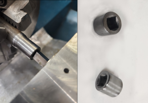 Making steel square drive couplers using a rotary broach.